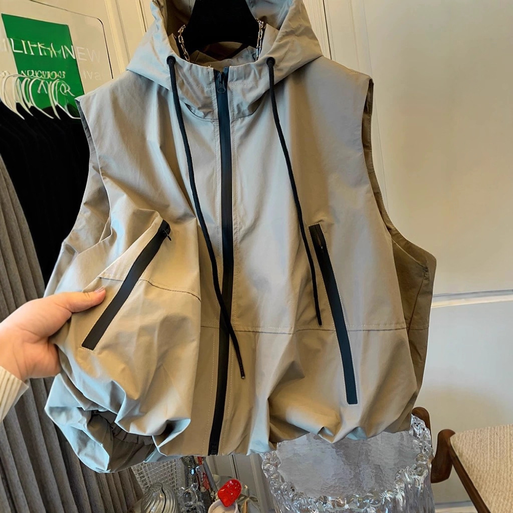 European Fashion Hooded Jacket Vest Women's Spring and Summer New Loose Versatile Casual Vest Jacket