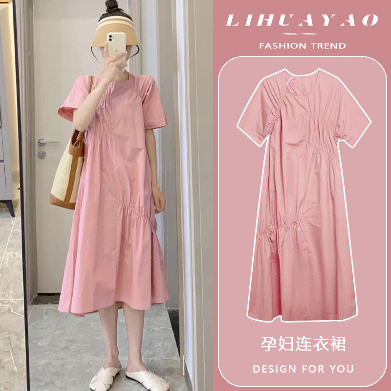 Spring and Summer New Maternity Dress Fashion Simple Trendy Mom Mid-length Short-sleeved plus size Over-knee dress for Pregnant Women