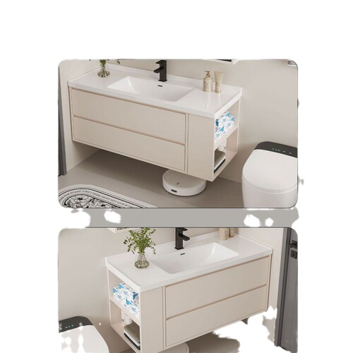 Light luxury cream style bathroom cabinet combination side storage small apartment bathroom integrated ceramic basin hand wash basin