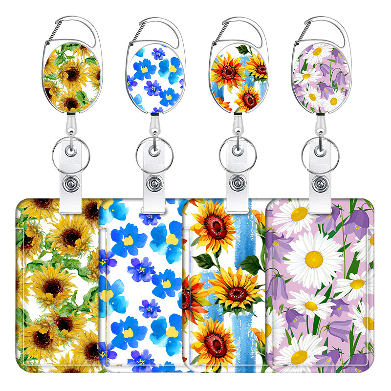 滴胶贴片向日葵锌合金易拉扣易拉得手绘花朵pvcID卡扣证件卡套