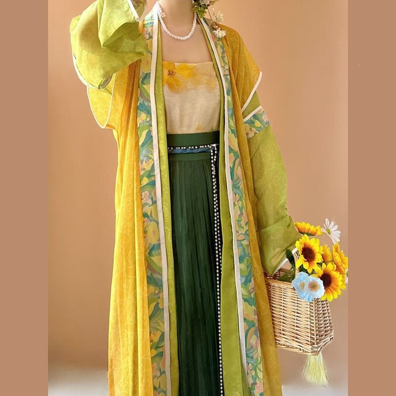 Mushi Hanfu for Women【Sunflower】Song-Style Printed Long Dress with Pleated Skirt, Everyday Slimming Commuter Summer Wear Mushi Hanfu for Women【Sunflower】Song-Style Printed Long Dress with Pleated Skirt, Everyday Slimming Commuter Summer Wear