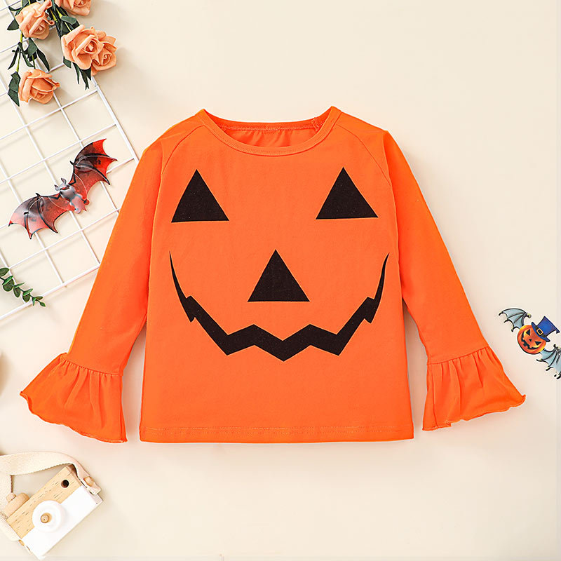 New Halloween Ghost Head T-shirt Trousers Two-piece Suit European And American Pumpkin Picture Striped Bell-bottom Pants Suit display picture 5