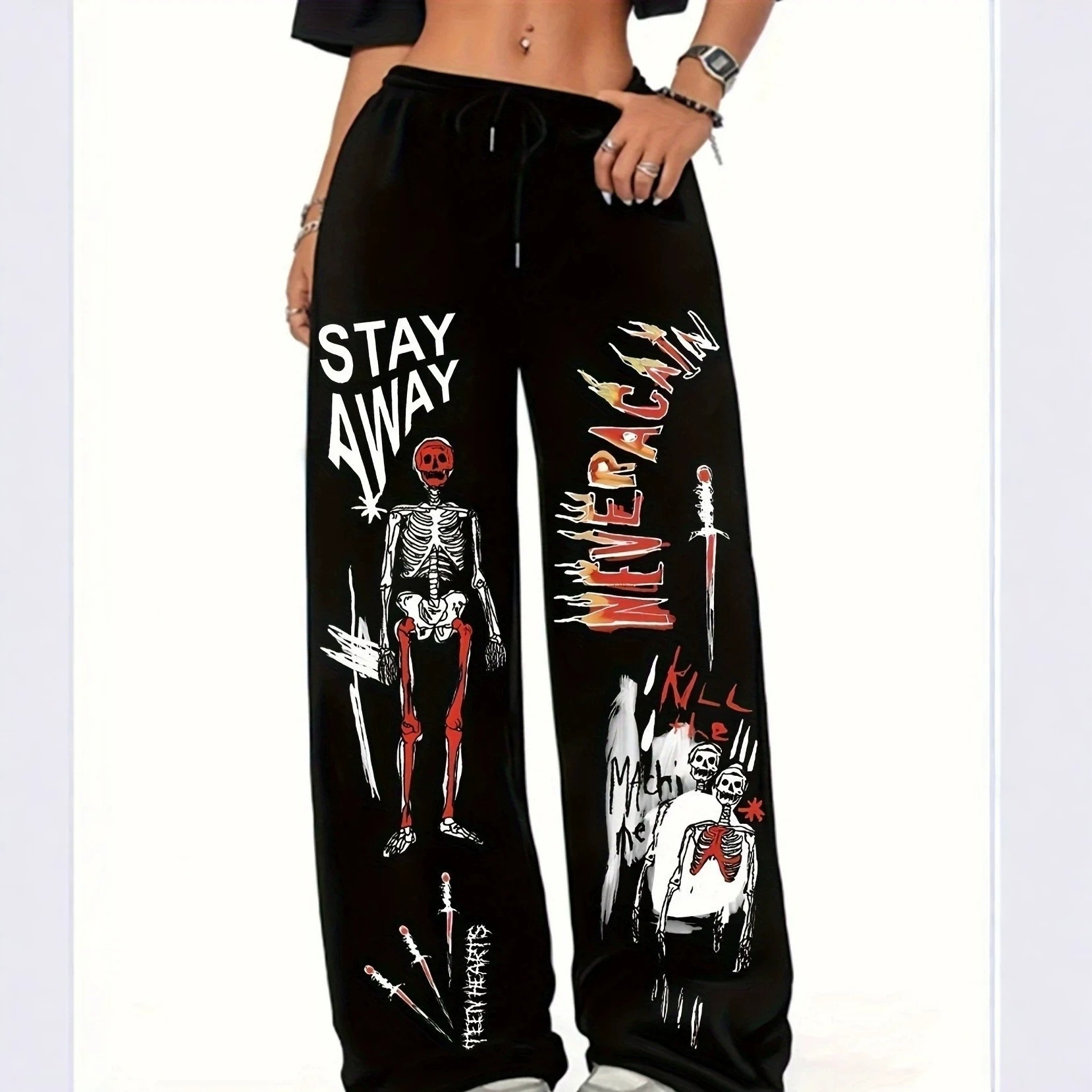 Qara Gothic Skull Print Şalvar - Kişi və Qadın üçün