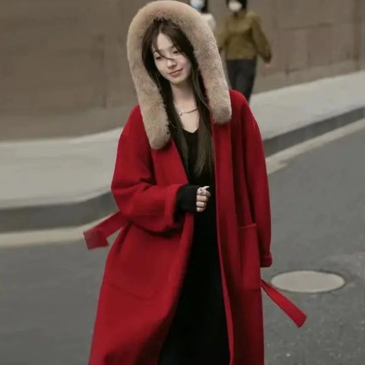 新年红色大衣狐狸毛毛领连帽羊毛大衣富家千金冬季羊绒高级外套女