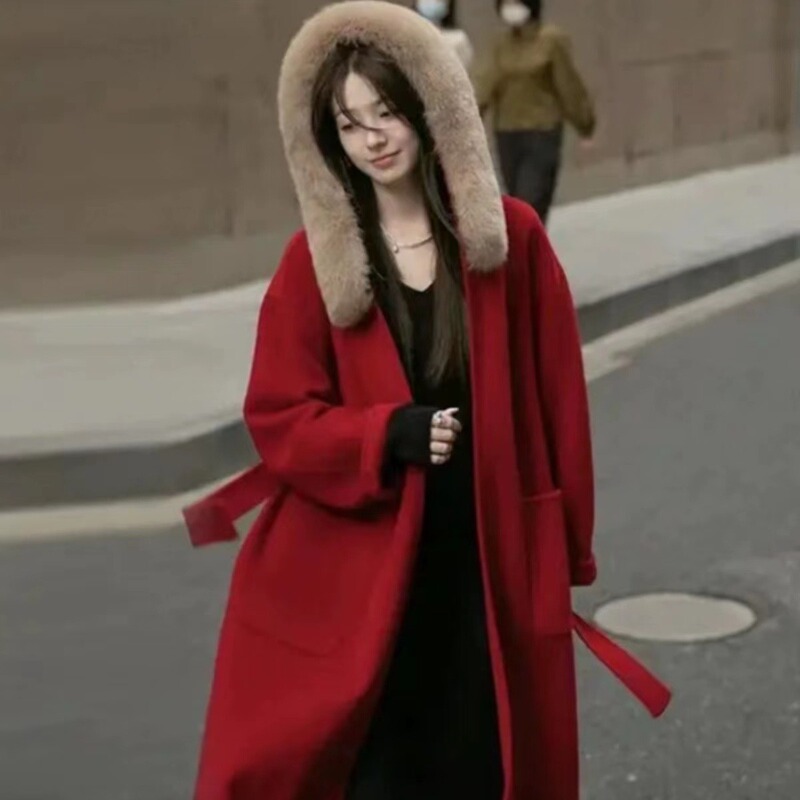 New Year Red Outwear Fox Fur Collar Hooded Wool Outwear Autumn and Winter Thickeneded Cashmere High-End Outwear for Women