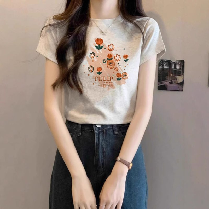 デザインニッチな右肩ピュアコットン半袖Tシャツレディース夏新作プリントスリムラウンドネックグレートップトレンディ|undefined