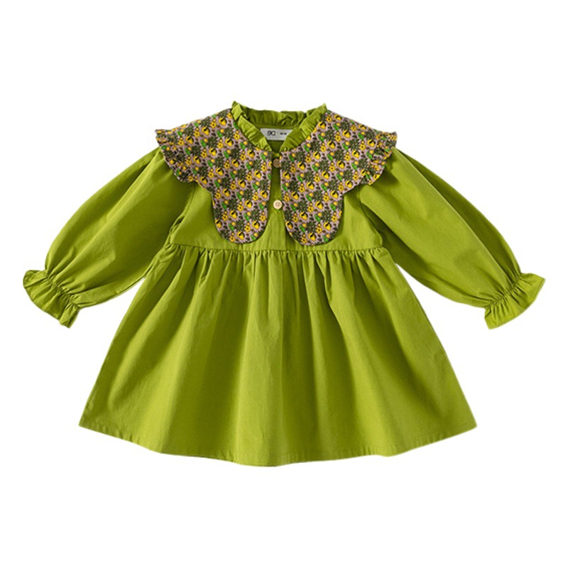 Ropa infantil Youbao, vestido de primavera y otoño estilo coreano para niñas, vestido verde aguacate con estampado floral y solapa grande, vestido para bebés pequeños 2026