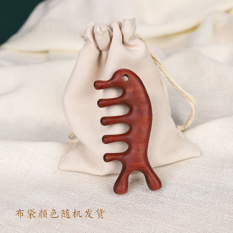 天然绿檀木海马经络梳养生头部按摩梳头皮五指疏通梳宽齿刮痧梳子|undefined