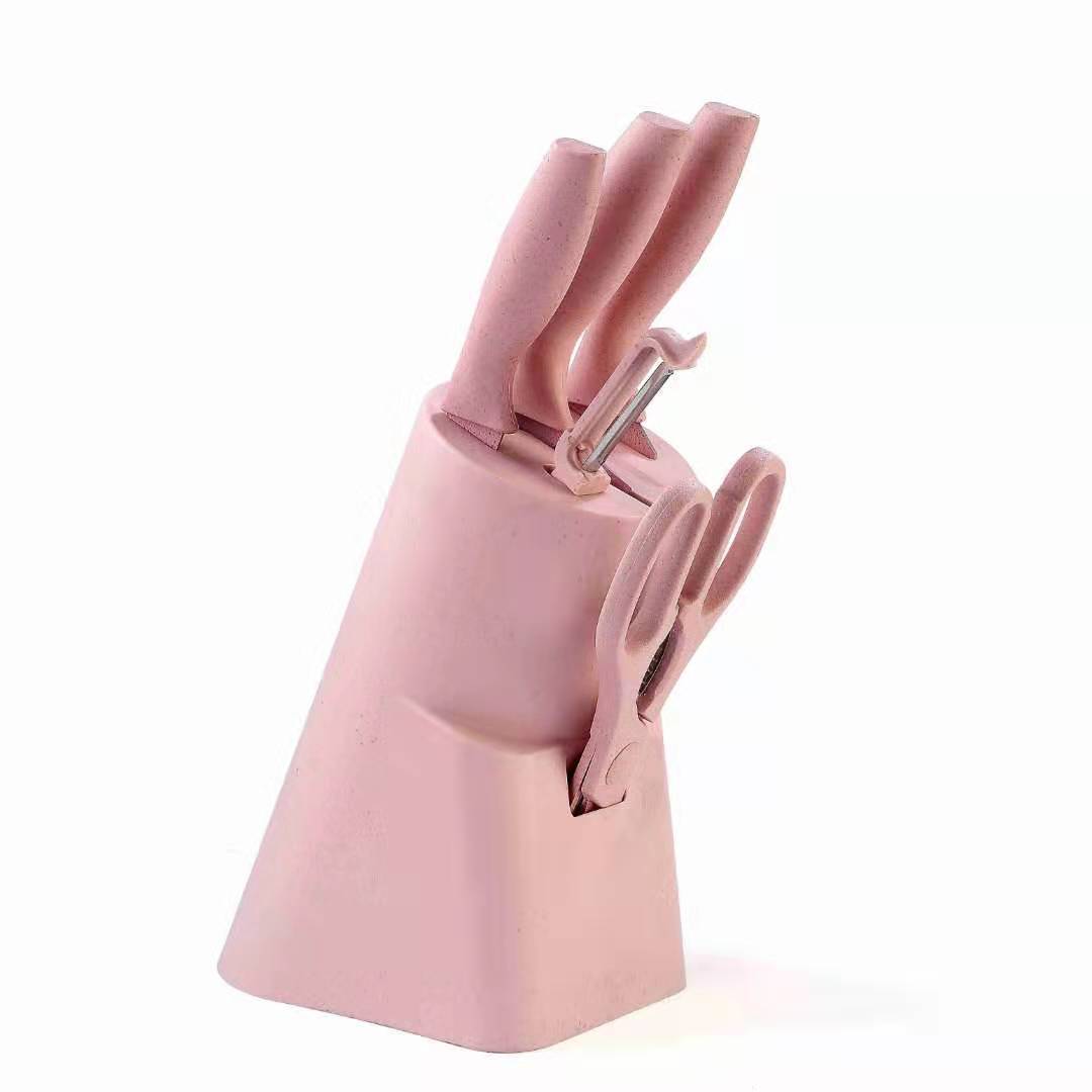 Fabricante de paja de trigo de color con cuchillo base 6 piezas de cuchillo de acero inoxidable cuchillo de cocina doméstico conjunto de regalo