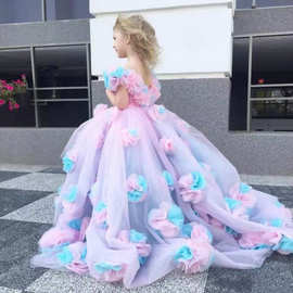 新款儿童礼服女童钢琴艺考演出服花童模特走秀潮范蛋糕裙粉色紫色