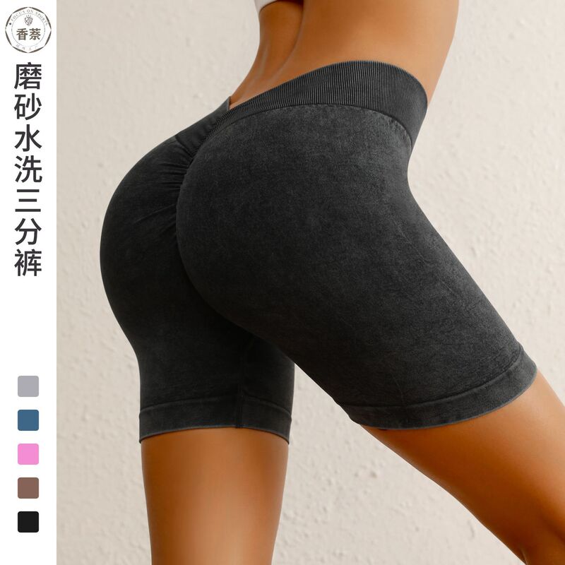 24 New European and American INS Cross-border Seamless Yoga Suit Women's Rear V Shorts Sand Washing Technology Peach Hip Hip Lifts Beautiful Hip