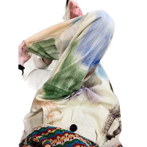 High Street Personality Colorful Graffiti High-Waist Denim Pants for Women Summer Crew Neck Striped Short-Sleeve Commute Fashion Outfit Set