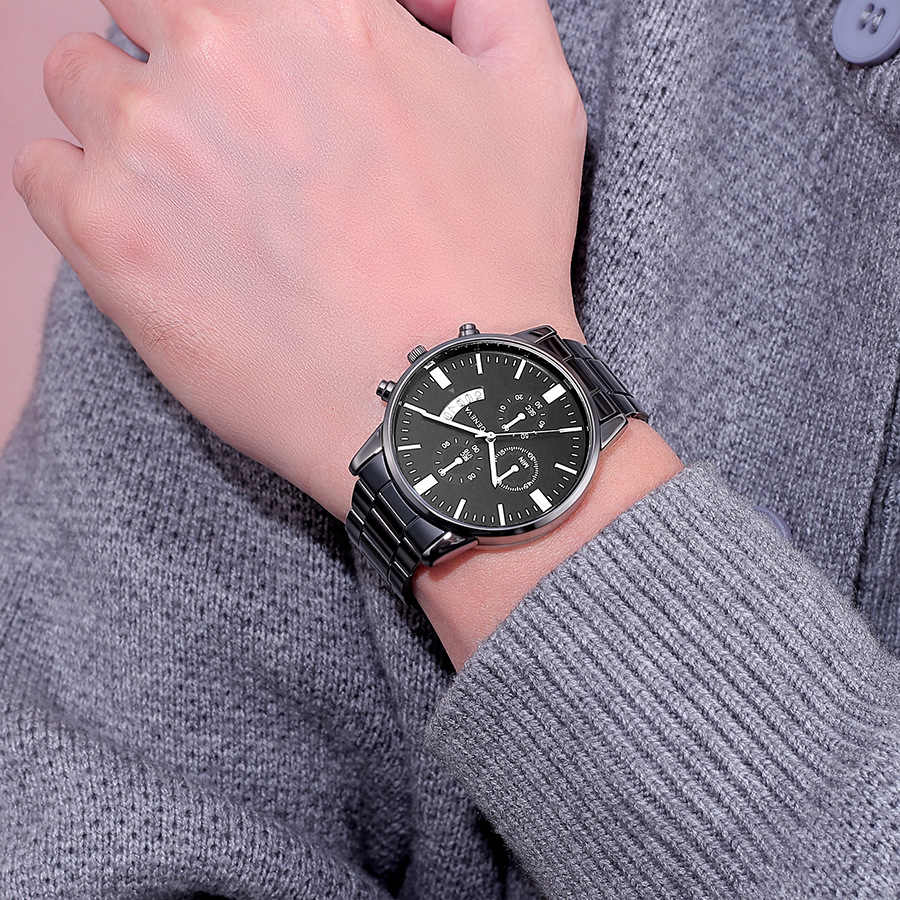 Reloj de Pulsera de Acero para Hombre, Diseño de Tres Ojos, Estilo Casual de Negocios, con Calendario, Reloj de Cuarzo, Modelo Masculino en Existencia