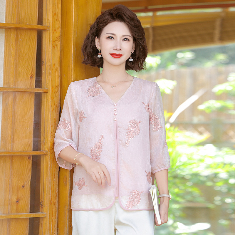 ママ服 2025 夏の新作半袖 Tシャツトップス、スタイリッシュな V ネックシャツ、中年女性のゆったりとしたシャツトップス|undefined