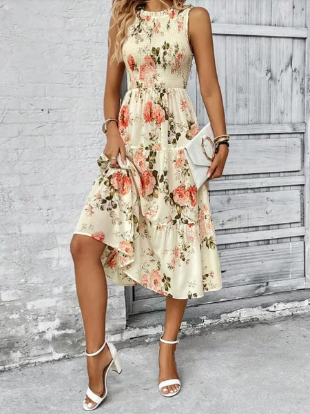 2025 Summer Floral Print Sleeveless Round Neck Ruched Dress High Waist Slimming Design European and American Style Printed Dress