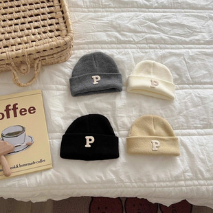 Ins Korean Style Simple Letter P Label Baby Knitted Wool Pullover Cap Autumn and Winter Baby Hat Warm Melon Hat