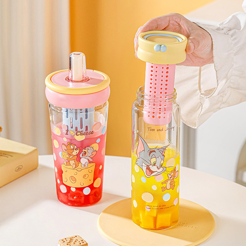 Nuevo gato y ratón Vaso de vidrio con alto contenido de borosilicato Vaso de agua de alto valor Vaso de paja de gran capacidad de verano Vaso de agua con fugas de té