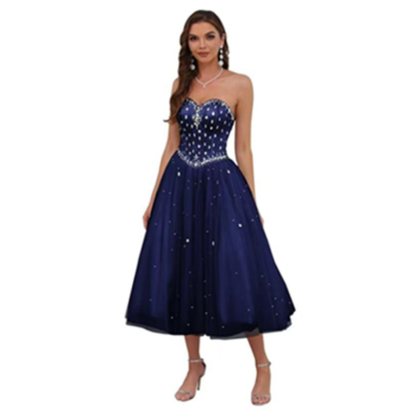 Satin Homecoming Dress Shorts Suitable for Teenagers Thin Shoulder Strap Party Cocktail Party Strapless Mid-length Dress