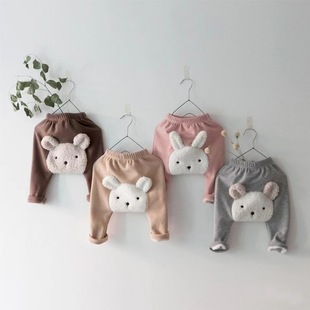 INS autumn and winter baby fleece-lined big pp pants boys and girls baby cute bear outer wear all-matching leggings