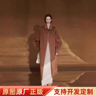 欧美奢驼绒皮边设计感大衣女双面羊绒大衣毛呢外套秋冬季高级感