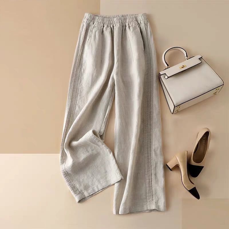 Women's Drapey Cotton-Linen Wide-Leg Pants, New Summer and Autumn Style, Loose Fit, Slimming, High-Waisted, Thin Straight-Leg Casual Pants