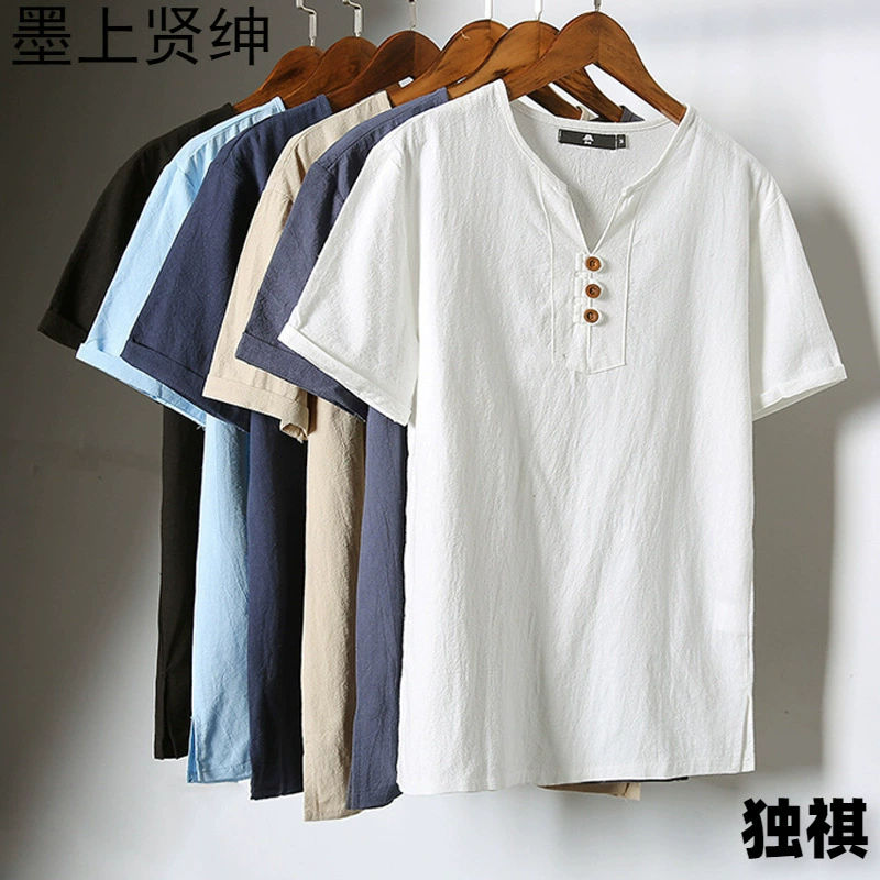2022 лето новый мужской японский льняной футболки с короткими рукавами тонкий мягкий V-образный хлопок конопля молодежная мода короткие рукава T
