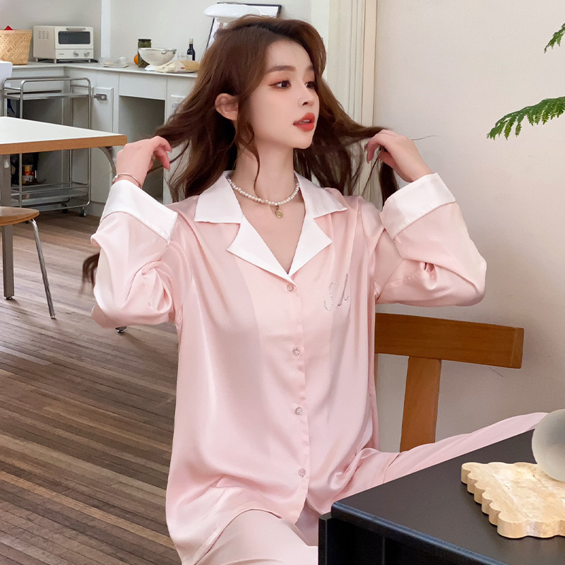 [First Love] Ice Silk pajamas Women's Spring and Autumn new long sleeve suit thin shirt high-end French home clothes