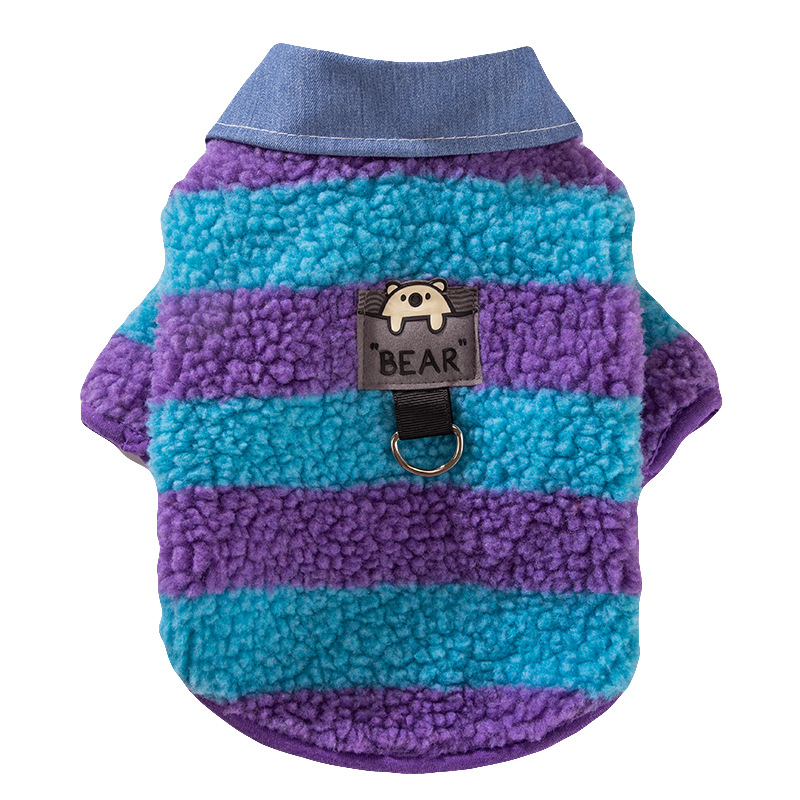 Camisas azules y púrpura de costura a rayas cuello de camisa de dos patas perros pequeños gatos otoño y invierno de dos patas de manga larga ropa de mascotas cálidas