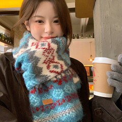 费尔岛风复古蓝色针织羊毛围巾女冬季韩系氛围感学生加厚保暖围脖