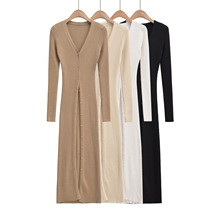 美拉德V领温柔风中长款修身防晒针织开衫女气质长袖毛衣外套23205