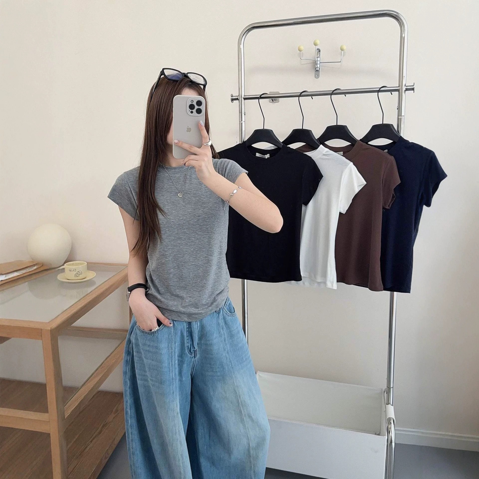 夏季韩系简约纯色净版修身显瘦莱赛尔薄款正肩圆领短袖T恤2127