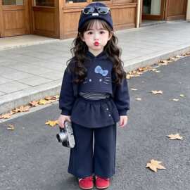 女童卡通猫咪假两件连帽条纹长袖套装2026秋季儿童藏青屁帘长裤