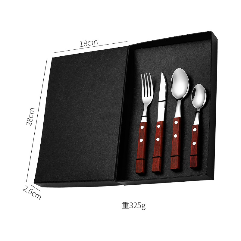 Retro 304 mango de madera de acero inoxidable set de cubiertos cuchara de postre de hotel occidental mango de madera de flores de pera set de cubiertos 5 piezas