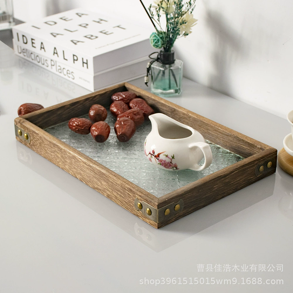Пятно ретро-бегония цветочный стеклянный поднос для домашнего использования прямоугольная форма из цельного дерева чайная подставка для чайника подставка для закусок поднос для сухофруктов