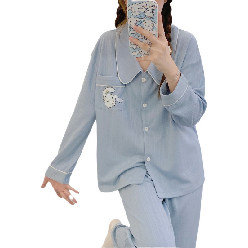 Internet Celebrity pijamas azules de alto grado algodón jacquard peinado de las mujeres Otoño e Invierno de manga larga cardigan linda chica dulce traje de desgaste para el hogar