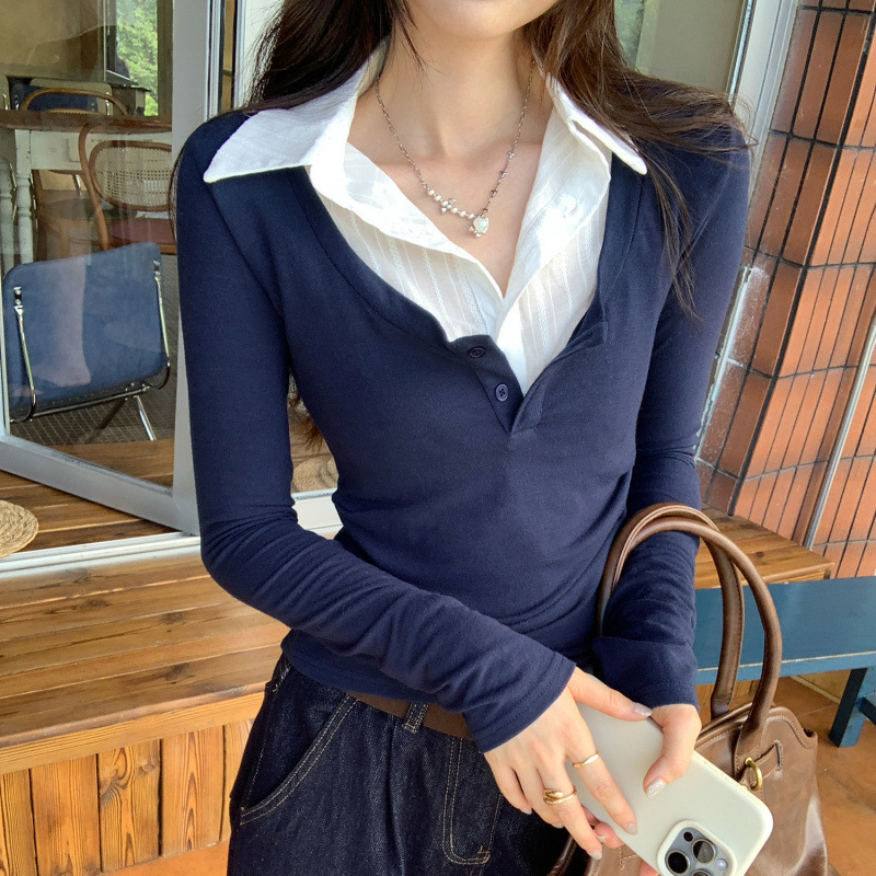 韩系气质撞色拼接假两件翻领长袖T恤女2025秋季新款高级感上衣|undefined