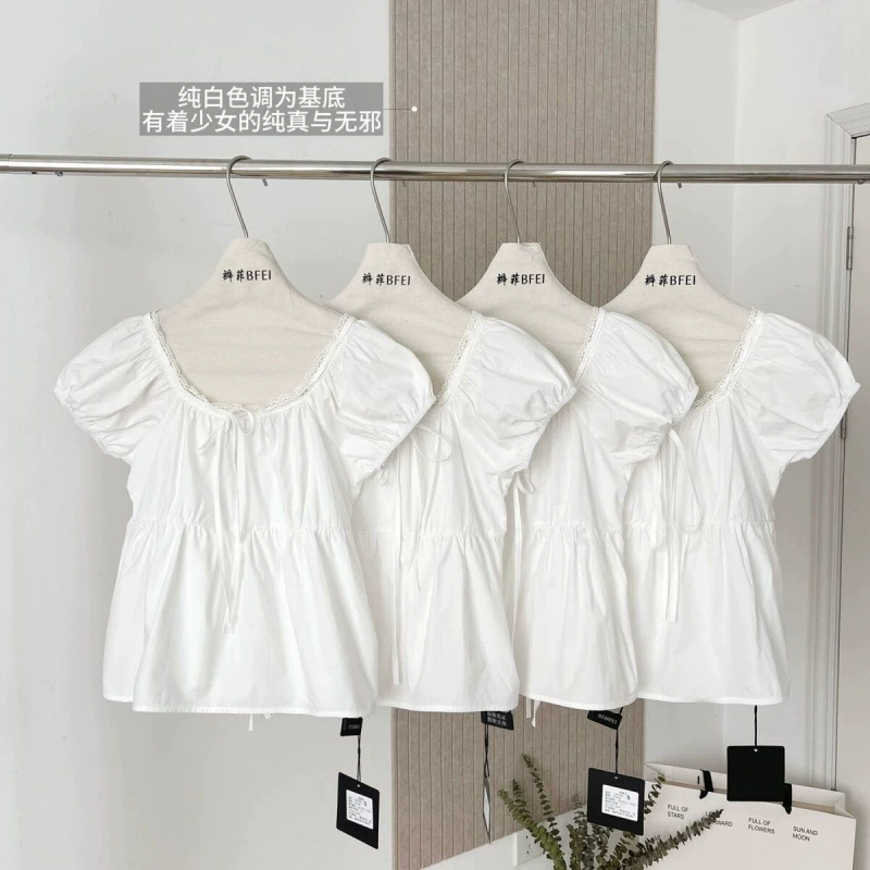 Summer Puff-Sleeve Lace Blouse, Slim French Style, Square Neckline, Waist-Cinched (White)