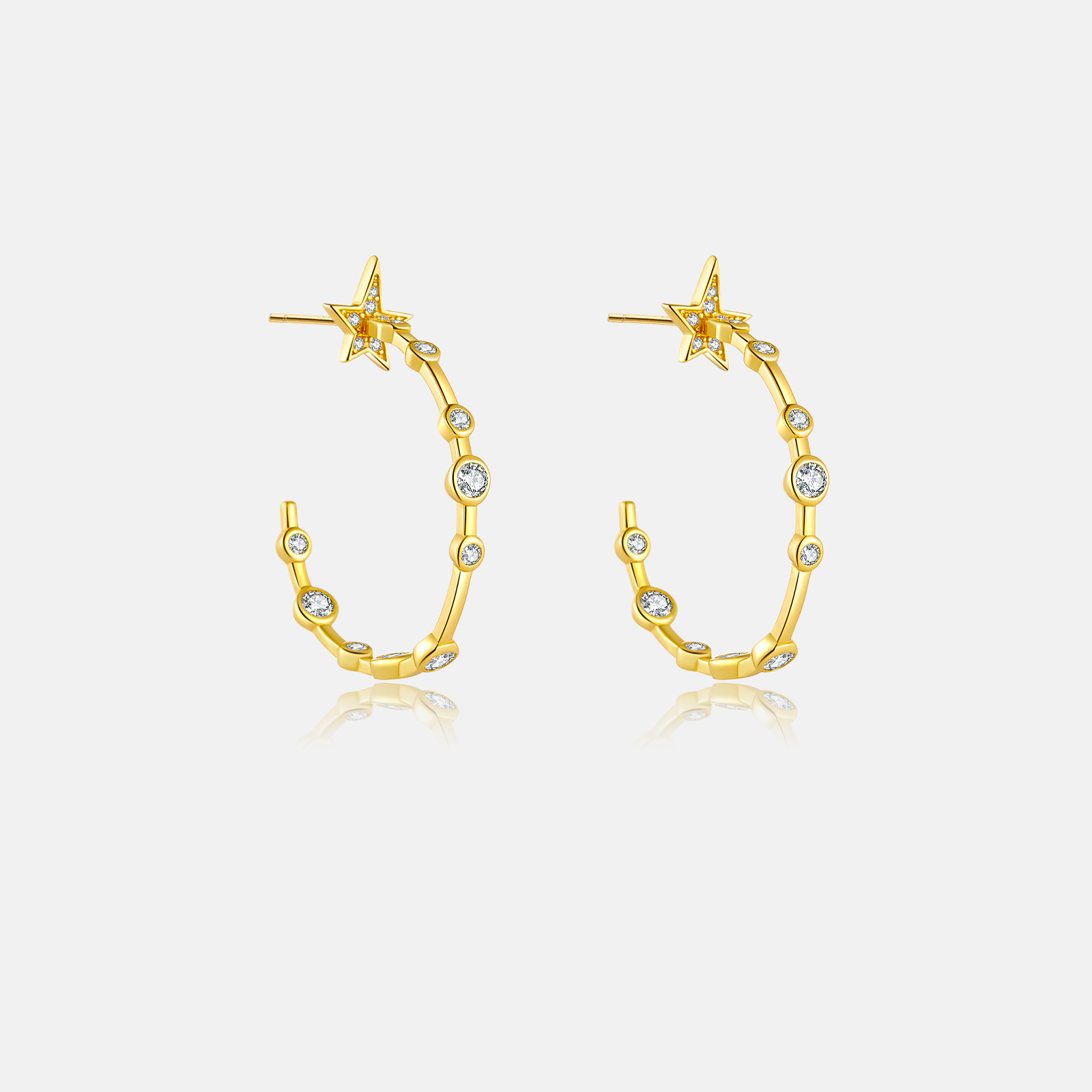 18K Real Gold Plated, Platinum Plated Plating Material Zircon Inlay Material 1 Pair 18K Gold Plated 925 Sterling Silver Zircon C Shape Star Ear Studs