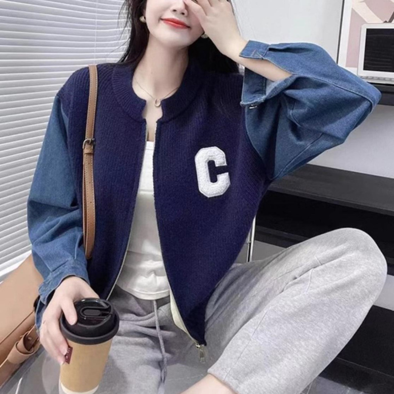 韩系拼接针织开衫毛衣女2025秋冬季设计感撞色长袖上衣牛仔袖外套|undefined