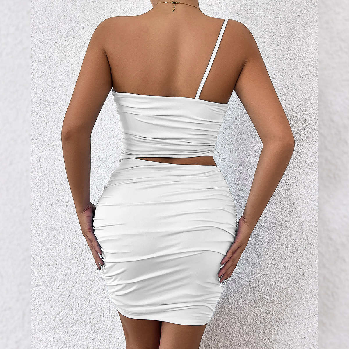 Women's One Shoulder Pleated Bodycon Dress Sexy Solid Colour_voghion.com