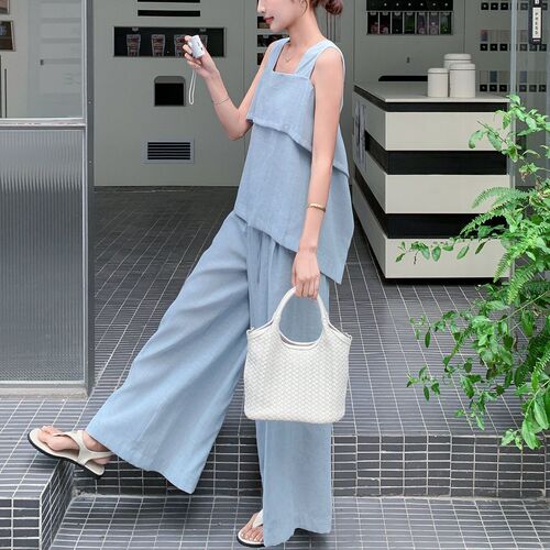 Blue Soft Tone Outfit Lightweight Top Set Women's Summer New Casual Wide Leg Pants Elegant and Graceful Two-Piece Set