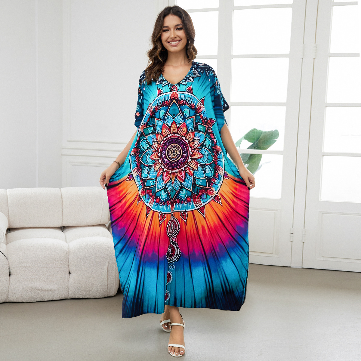 Rochie de plajă lungă kimono dama boho viscoză tie-dye_voghion.com