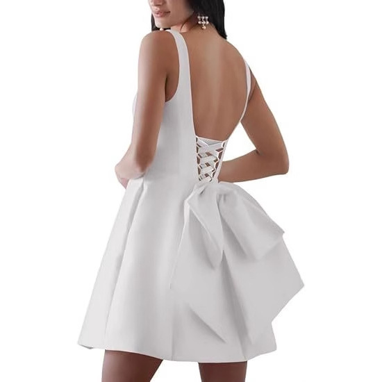 Amazon Foreign Trade European and American White Simple Cocktail Dress Satin Strapless Formal Banquet Dress