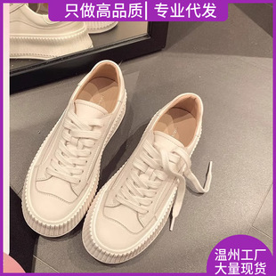 Class Playground ~ 2025 New Style Lace-Up Genuine Leather Round Toe Thick Sole Increased Breathable Casual White Shoes Women's Sneakers