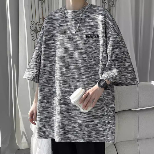 Men's Summer Embroidered Design T-Shirt with Relaxed Oversize Five-Pointer and Wafer Grid