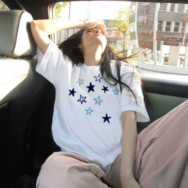Plus-Size American-Style Star Print Short-Sleeve T-Shirt for Women, Summer Extra-Large Size, 1.0-150kg Round Neck Niche Loose White Top Trendy