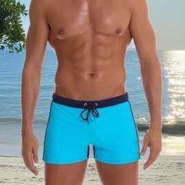 跨境欧美新款男士泳裤舒适透气运动锦纶素色平角裤时尚系带游泳裤