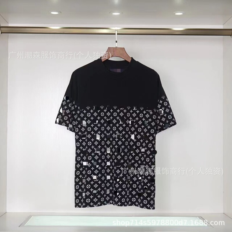 现货跨境奢潮驴家高品质L满印字母短袖外贸经典款圆领男女宽松T恤|undefined