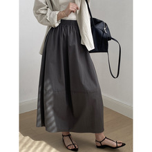 言双 高腰花苞半身裙 秋季新款慵懒风简约松紧腰中长伞裙25030