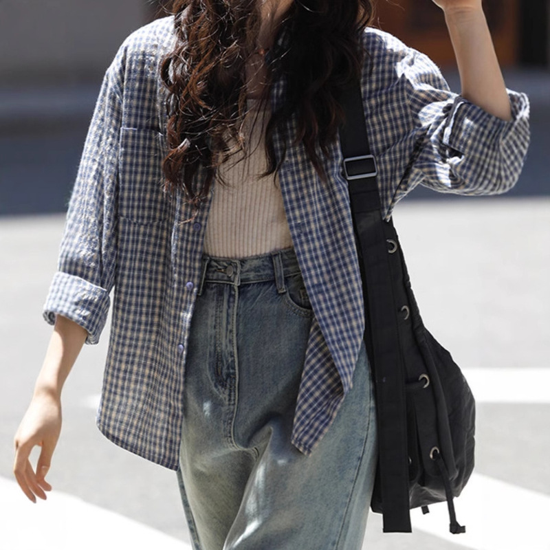 Long-Sleeved Plaid Shirt Jacket for Women Spring New Design Niche Gentle Korean Style Shirt Loose Top Long-Sleeved Plaid Shirt Jacket for Women Spring New Design Niche Gentle Korean Style Shirt Loose Top